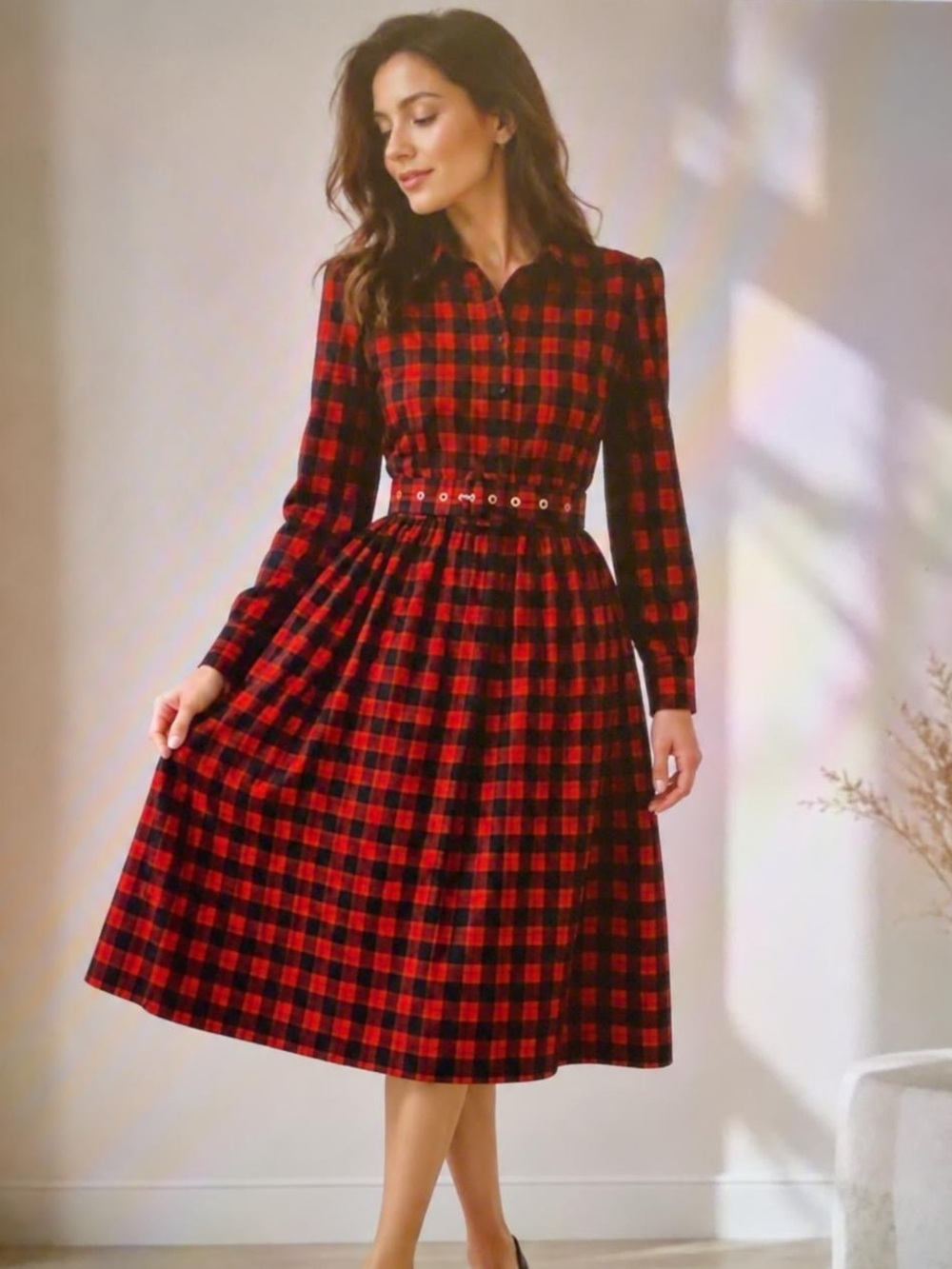Classic Red and Black Plaid Button-Front Maxi Dress